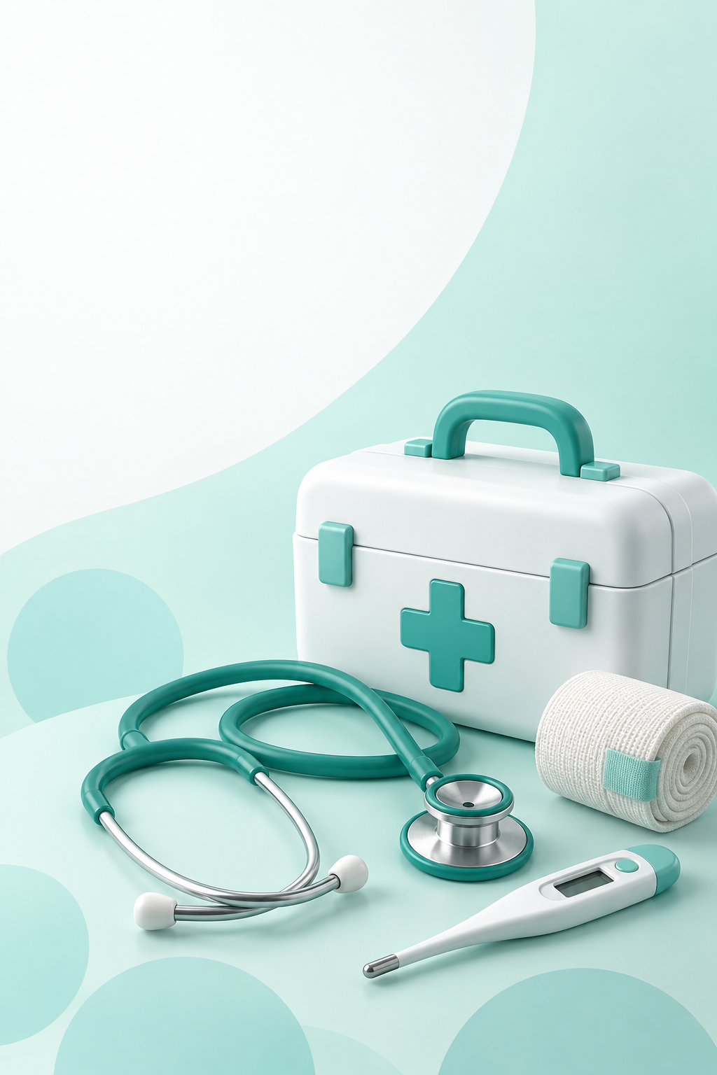 Illustration of a first aid kit, stethoscope, and thermometer